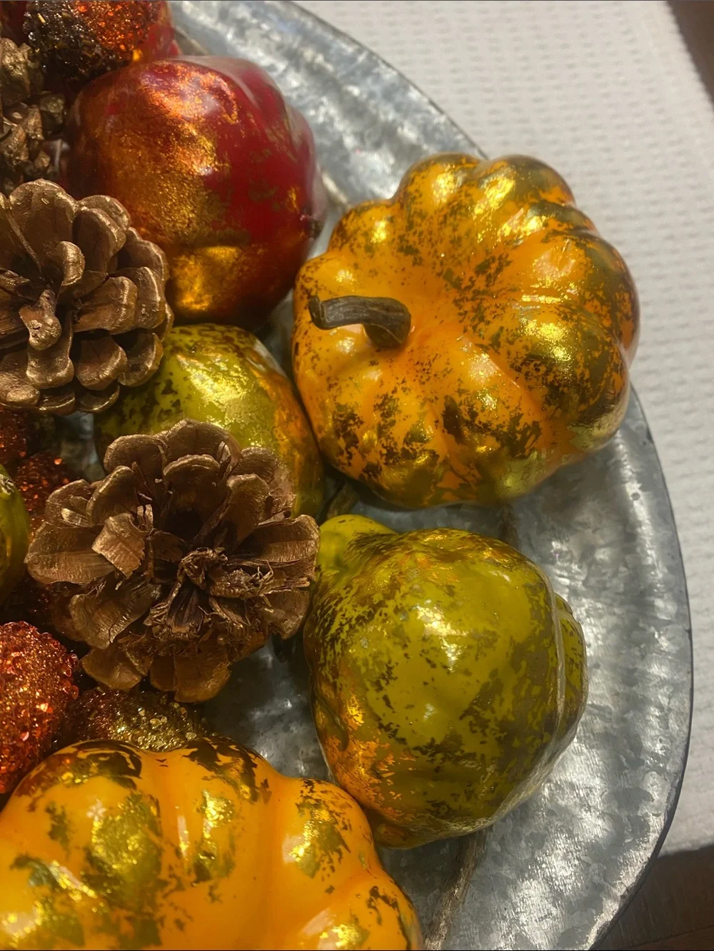 Festive Mixed Autumn Gourd and Pinecone Bowl - Orange, Red, Green